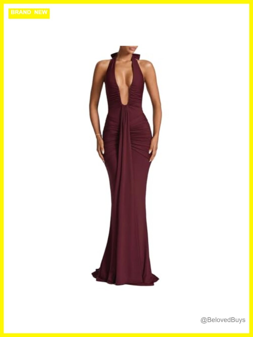 Women Deep V Neck Ruched Maxi Dress Sleeveless Halter Formal Gown